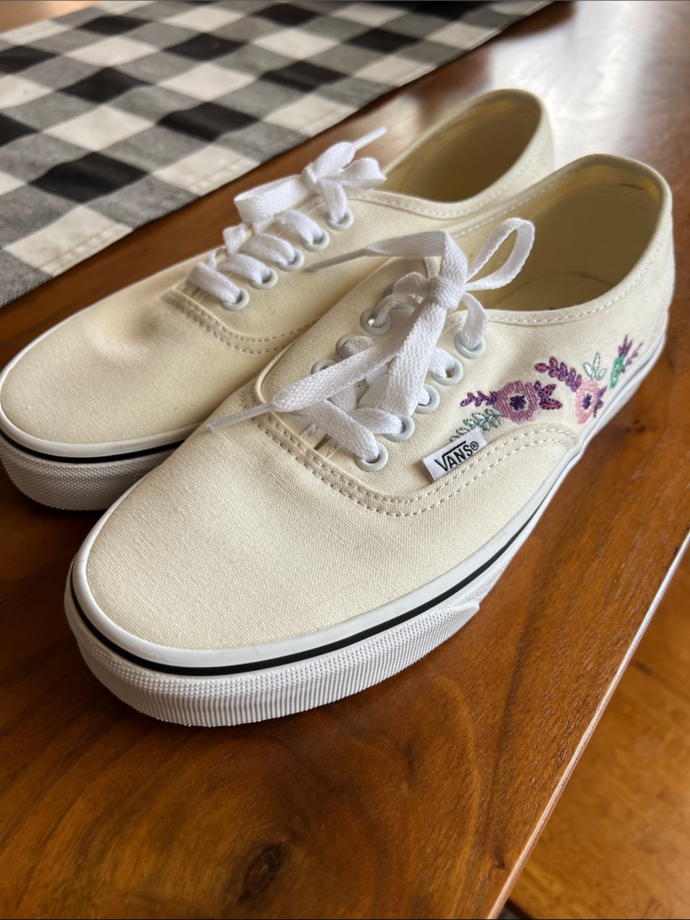 Vans Cream Canvas Sneakers with Purple Floral Embroidery